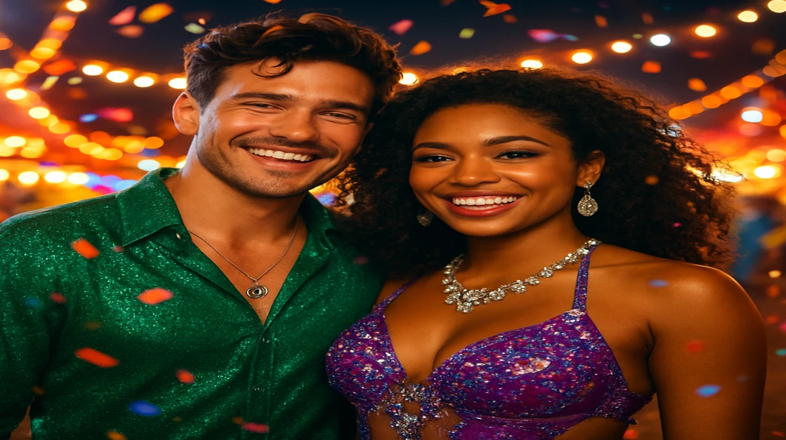 একটি সুখী ও আকর্ষণীয় জুটি রঙিন কার্নিভাল পোশাকে একটি প্রাণবন্ত বহিরঙ্গন উৎসবে উদযাপন করছে, cv66 game-এ একসঙ্গে খেলার মজা, সামাজিকতা ও উত্তেজনাপূর্ণ 분위িকে ধারণ করছে।