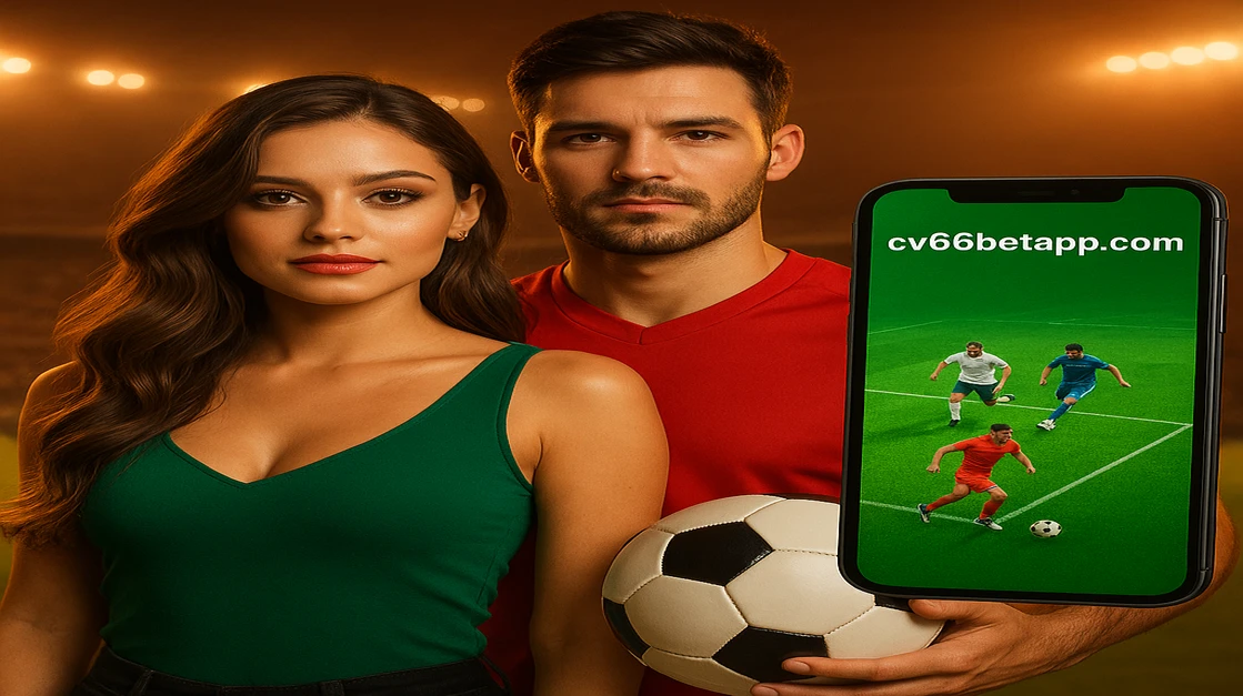 একটি আকর্ষণীয় জুটি, একজন পুরুষ ও একজন নারী, আমেরিকান ফুটবল পোশাক পরে, স্মার্টফোনে cv66 game স্পোর্টস গেমিং অ্যাপটি দেখিয়ে দাঁড়ায়—খেলা-ভক্তদের জন্য নিখুঁত মুহূর্ত।