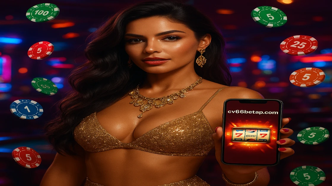 একটি দৃষ্টিনন্দন নারী ট্রপিক্যাল গেমিং প্ল্যাটফর্মে cv66 game অ্যাপসহ একটি স্মার্টফোন ধরে আছেন; স্বর্ণালী আলোয় চারপাশে বিটকয়েন-স্টাইল মুদ্রা পড়ছে, আধুনিক ও উত্তেজনাপূর্ণ এই প্ল্যাটফর্মকে উদ্ভাসিত করছে।